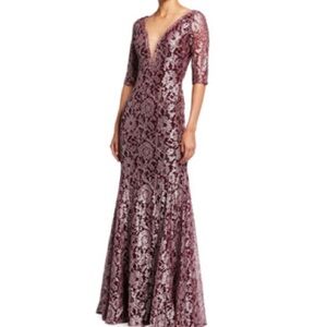 Jovani Metallic Lace V-Neck Elbow-Sleeve Gown size 10
